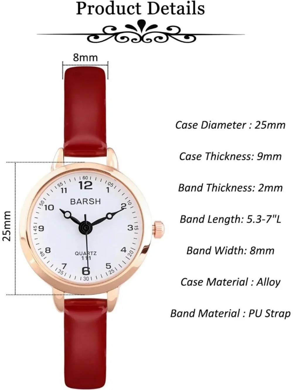 Women's Red And White Analog Quartz Classic Round Case PU Leather Wrist Watch